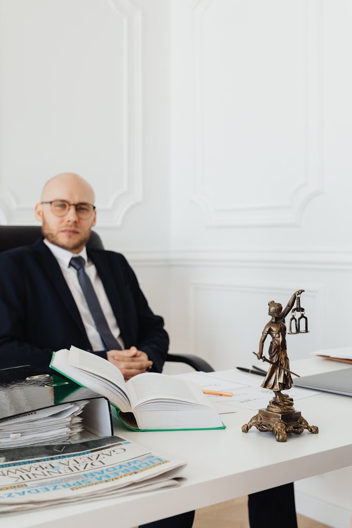 digital A lawyer in a suit sitting at a desk with legal books and Lady Justice statue.